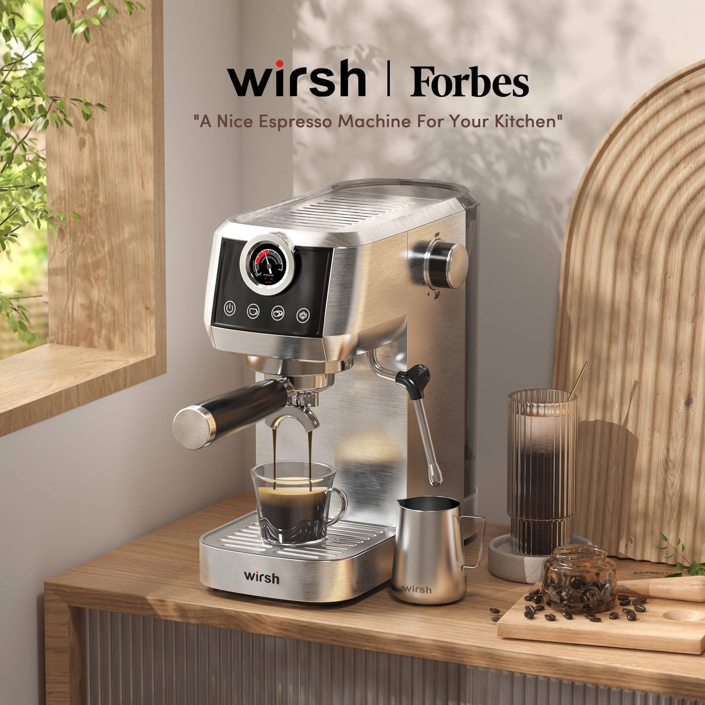 Wirsh 20 Bar Espresso Machine with Plastic Free Portafilter and Steamer, Pressure Gauge, Touch Screen, Full Stainless Steel (Home Barista Plus)