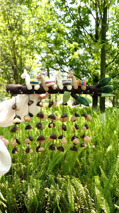Llama Forest Wind Chime Wall Hanging – Handmade Felt Animal & Natural Seed Decor