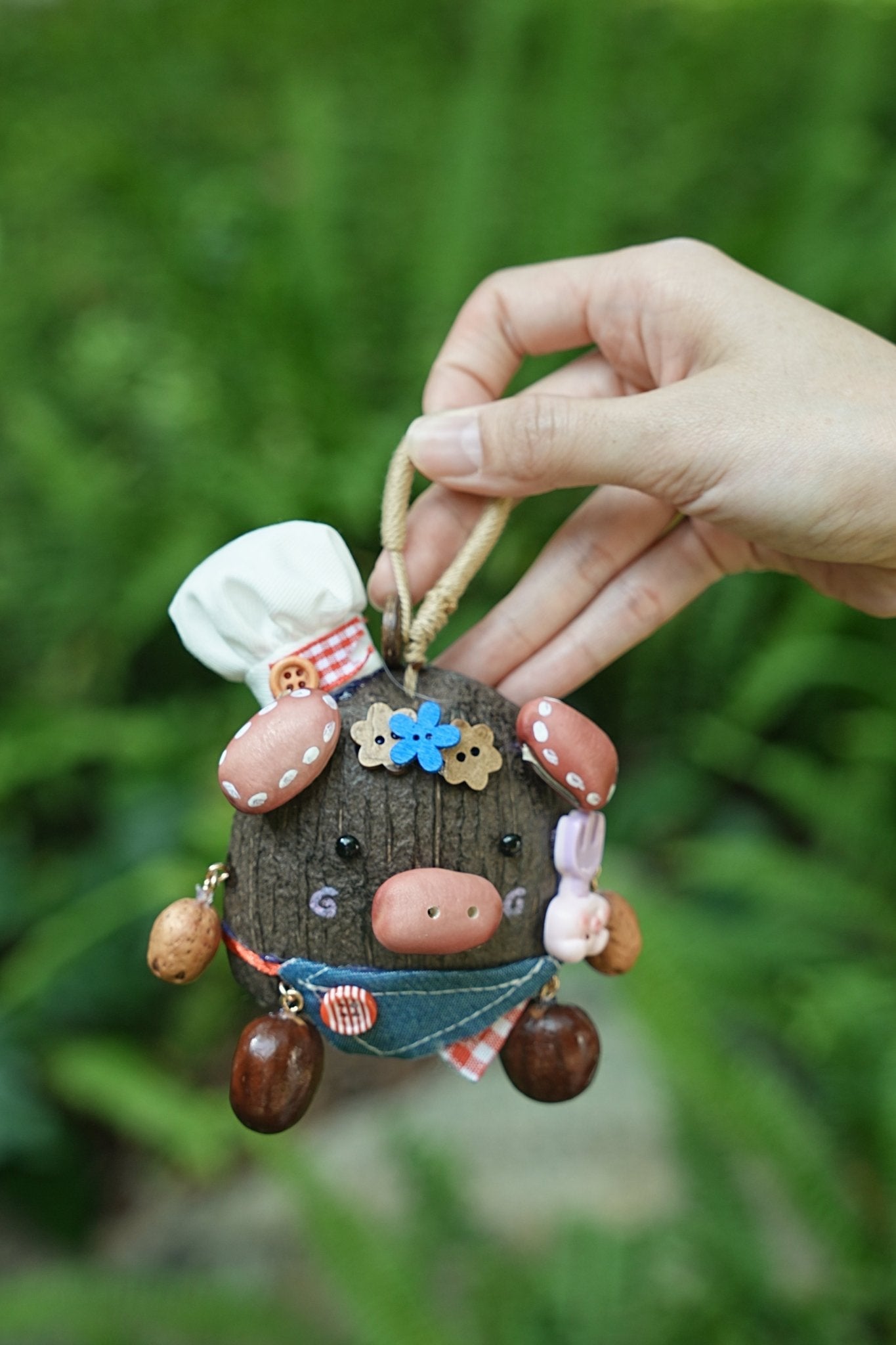 "The Forest Chef" - Handcrafted Nut Shell Piggy Doll with Chef Hat