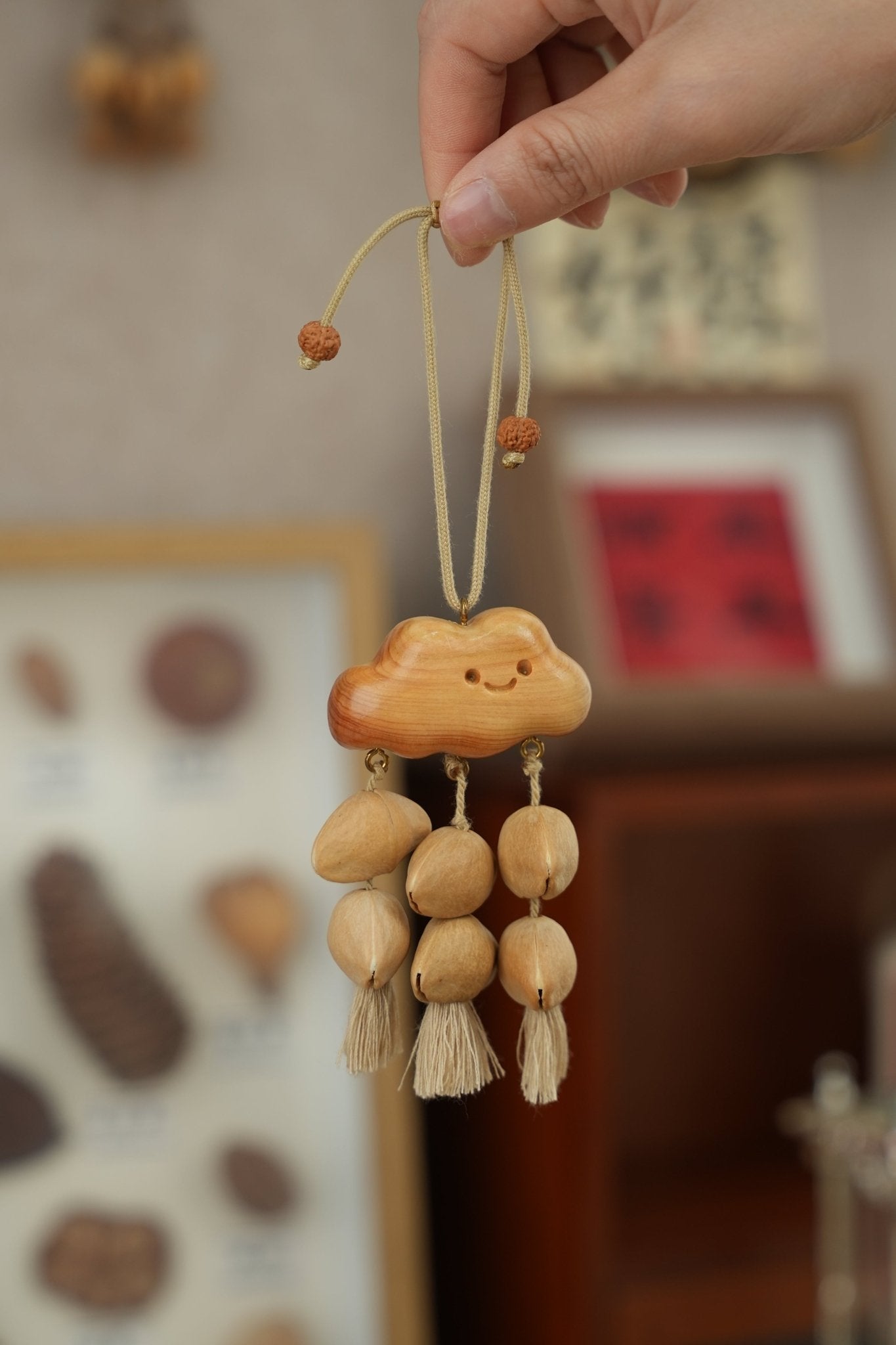 "The Happy Cloud" - Handcrafted Carved Wooden Smile & Natural Seed Rain Mobile