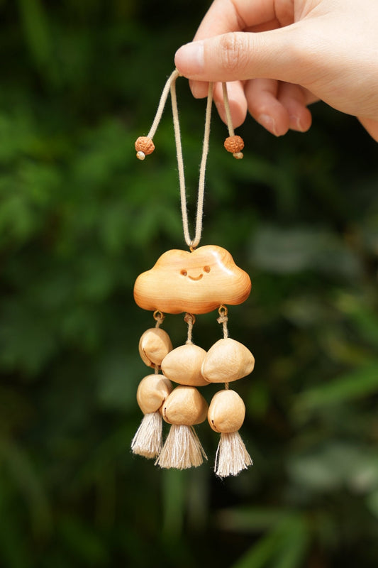 "The Happy Cloud" - Handcrafted Carved Wooden Smile & Natural Seed Rain Mobile