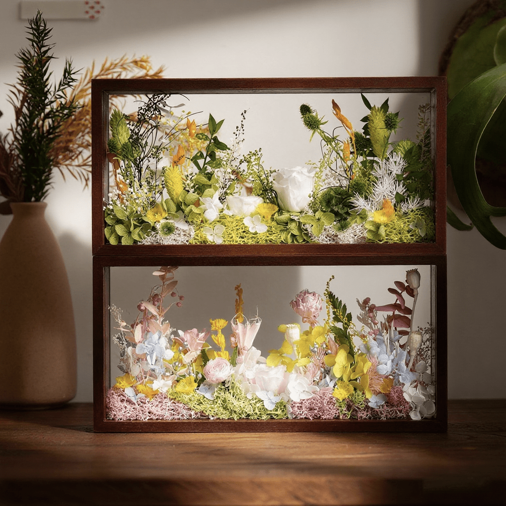 "The Landscape Garden" - Real Preserved Flower Shadow Box (Panoramic Desk Decor)