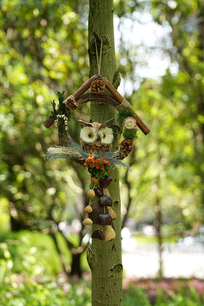 "The Owl's Forest Home" - Natural Wreath Wind Chime with Pinecone Owl & Floral Accents