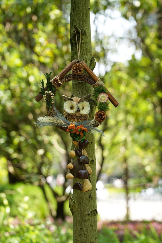 "The Owl's Forest Home" - Natural Wreath Wind Chime with Pinecone Owl & Floral Accents